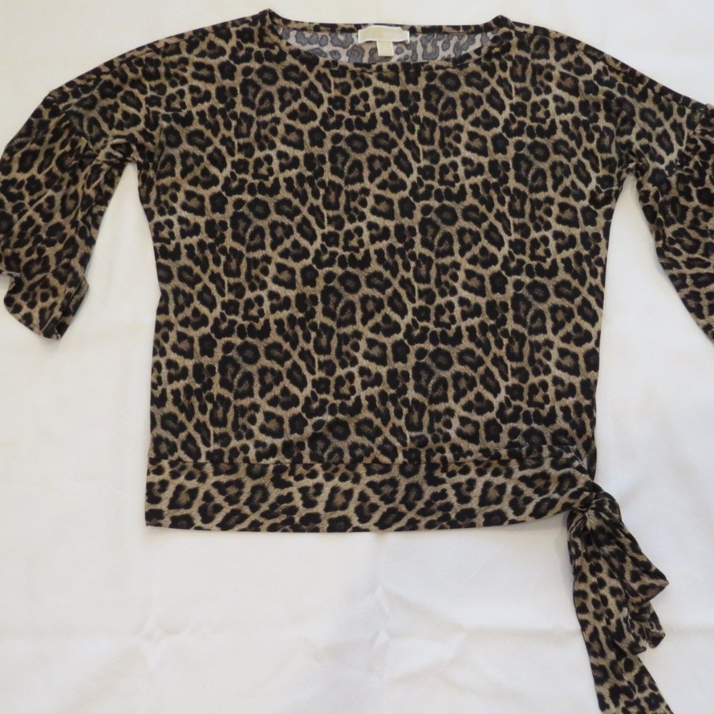 Michael Kors Leopard Animal Print Blouse Tie Waist, Flared Sleeve Size S